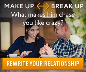 Couple sharing coffee beneath a relationship graphic that reads, “Make Up ↔ Break Up: What makes him chase you like crazy?”