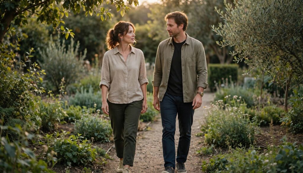 How to Build Trust in a Relationship: Everyday Habits That Help 4 A woman and man talking as they walk together on a garden path.