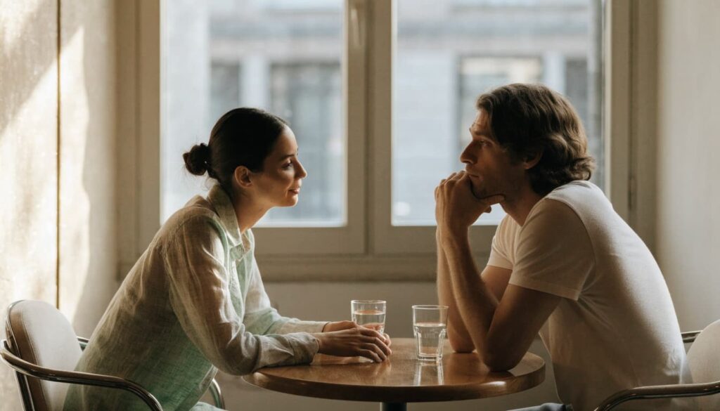 What Is a Situationship? Meaning, Signs, and How to Get Clarity 3 One adult speaks while another listens at a café table.