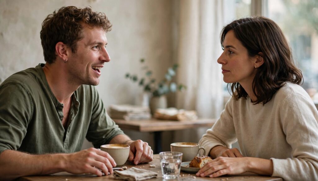 Love Bombing Examples: How to Tell Intense Affection From Pressure 2 One person speaks while their date listens at a café table.