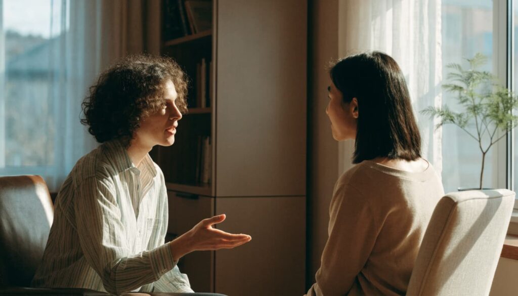 Romantic Obsession: Signs, Meaning, and How to Cope 3 Two adults talking in a calm, sunlit room