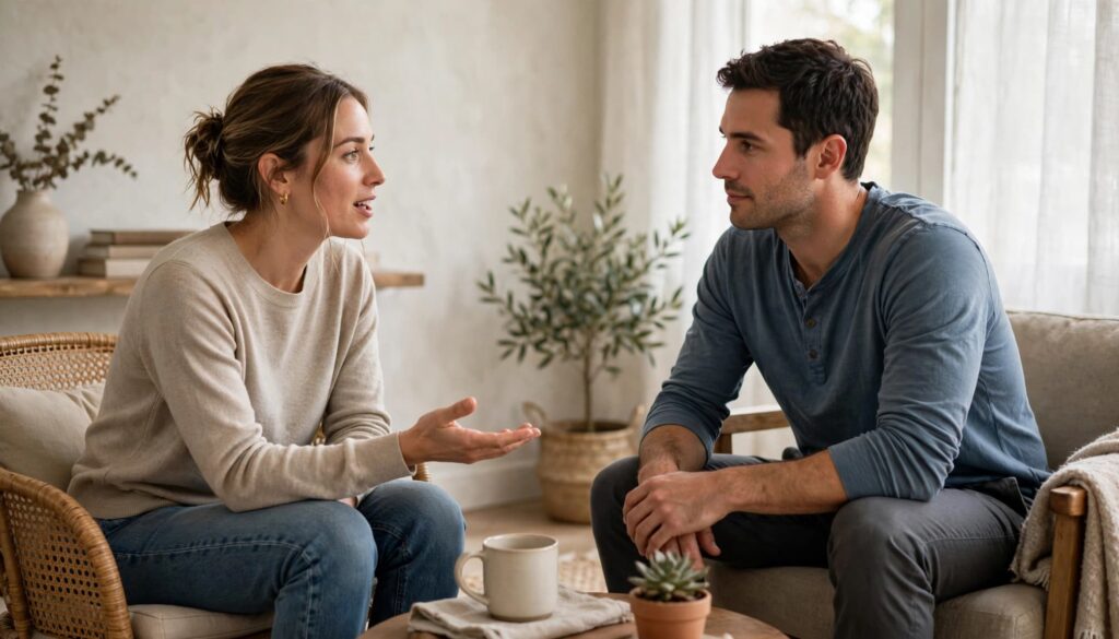 How to Build Trust in a Relationship: Everyday Habits That Help 2 One partner speaks openly while the other listens in a bright living room.