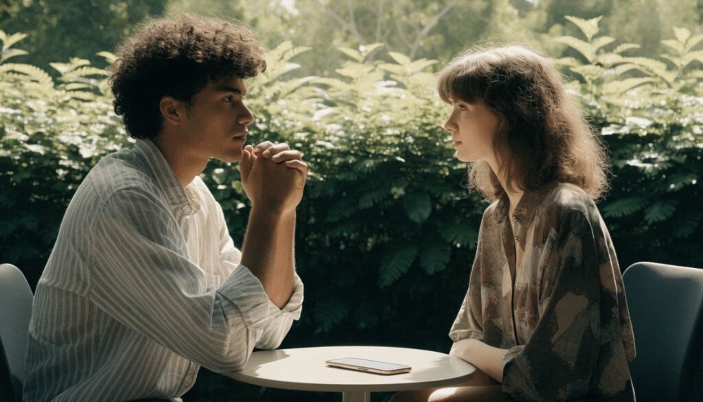How to Break Up With Someone You Love: A Clear, Respectful Guide 2 A man and woman sit across from each other at an outdoor café table with a smartphone between them.