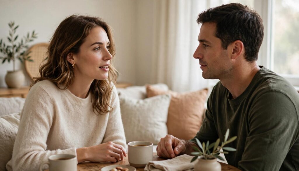 How to Improve Communication in a Relationship: Pause, Reflect, Clarify 2 A couple calmly sharing their views during a conversation at home