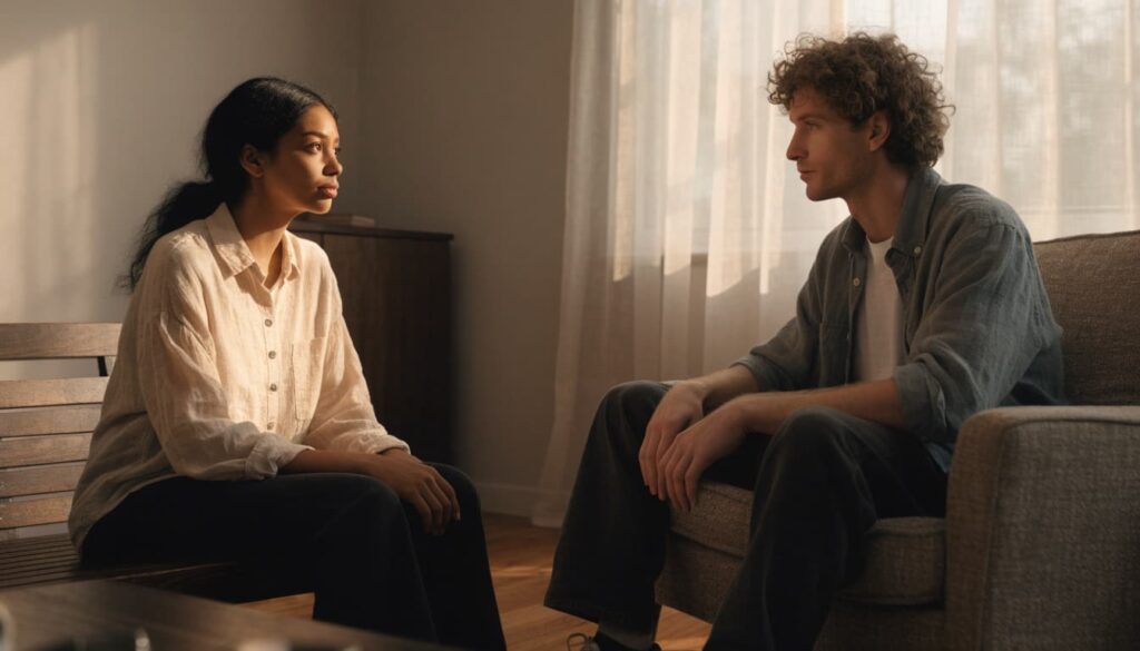 Should I Get Back With My Ex? 7 Questions to Ask First 2 Two adults sit facing each other and listen during a calm conversation.