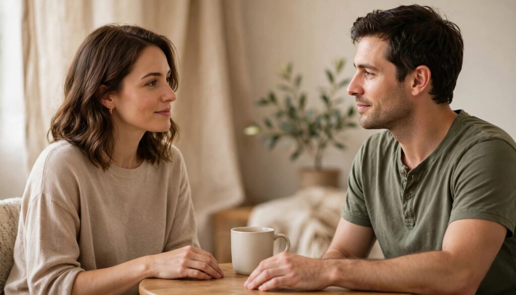 How to Build Emotional Intimacy in a Relationship 3 A man and woman sitting across from each other at a table and talking.