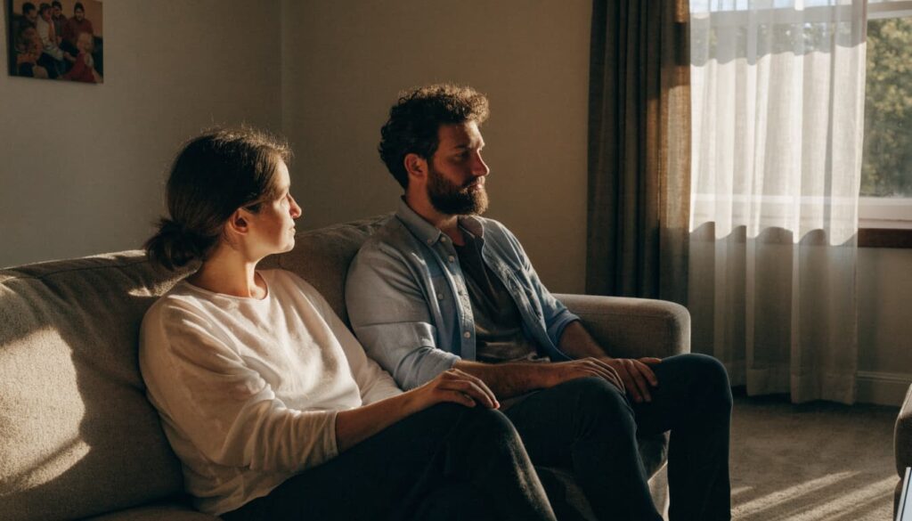 How to Set Boundaries With In-Laws: Scripts for Visits, Advice, and Privacy 5 Two partners sit together on a sofa and look at each other.