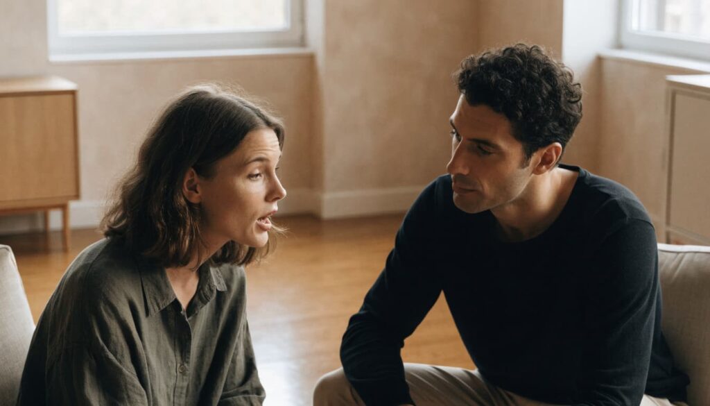 How to Build Trust in a Relationship: Everyday Habits That Help 3 A seated couple talks calmly in a softly lit living room.