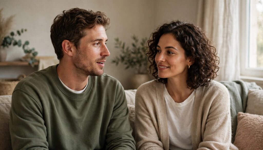 How to Make a Man Feel Appreciated: 9 Genuine Things to Say 3 A man and woman sit together on a sofa, talking and smiling.