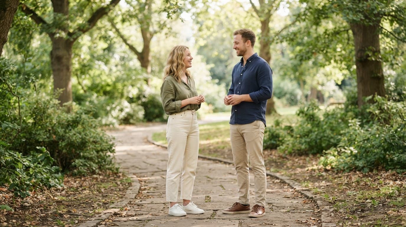 A couple talking outdoors on a leafy park path.