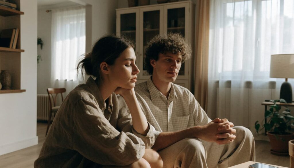 How Often Should Couples Text? Find a Rhythm That Works for Both of You 4 Two partners relax on a sofa while a phone rests on the coffee table.