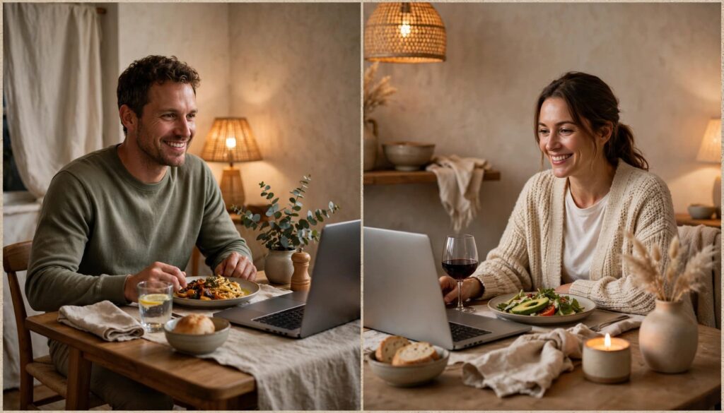 Long-Distance Relationship Advice: How to Stay Close and Connected 2 A man and woman share a virtual dinner date from separate homes.