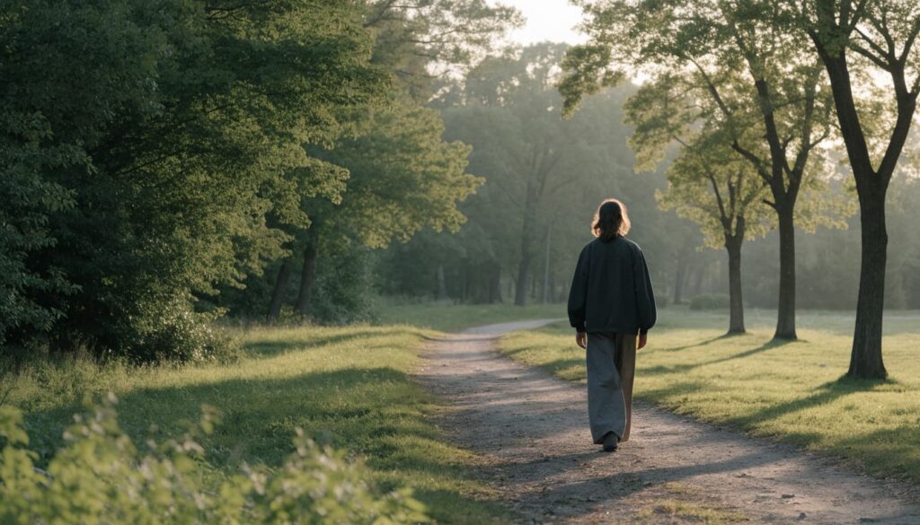 What to Say to Your Ex After No Contact: Text Examples 5 An adult walks away along a quiet park path in soft morning light.