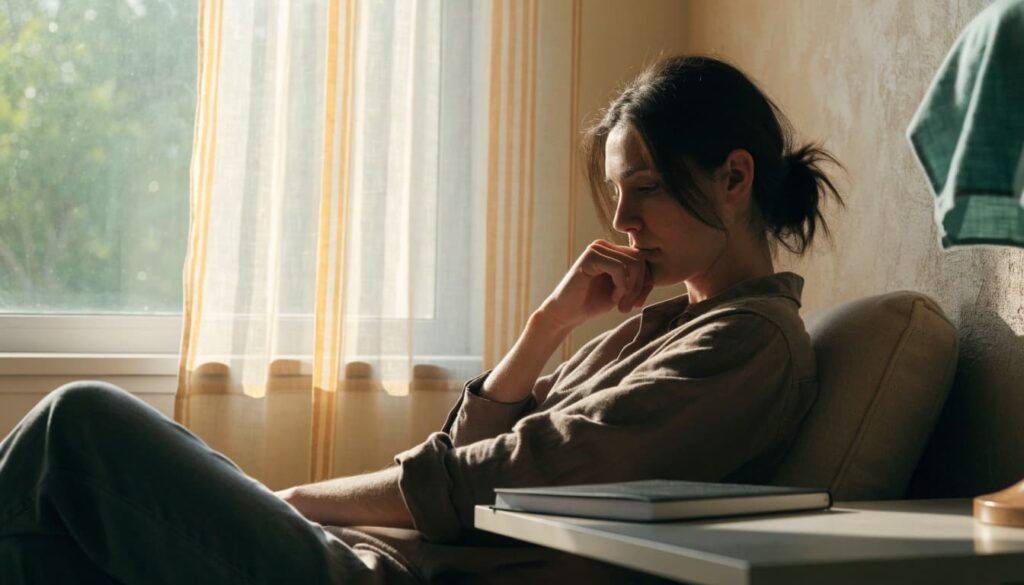 How to Set Boundaries in a Relationship: Examples and Simple Scripts 4 An adult sits quietly by a window near a closed notebook.