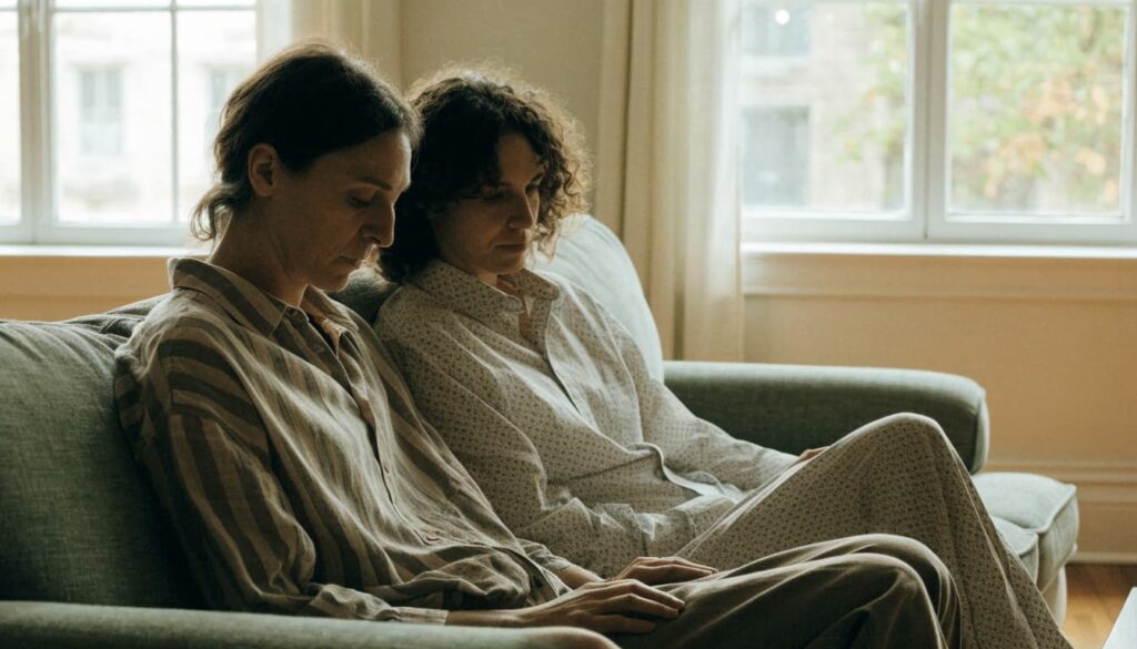 How to Stop Arguing in a Relationship: 8 Ways to Break the Cycle 4 Two adults sit calmly together on a sofa in a bright living room