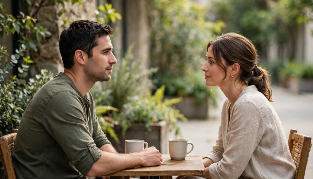 How to Get Your Ex Back: A Respectful Guide to Reconnecting 2 A man and woman sit at an outdoor café table with coffee cups, talking calmly.
