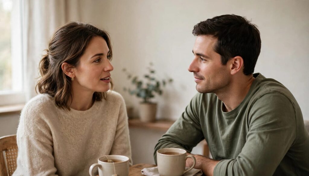 How to Make a Man Feel Appreciated: 9 Genuine Things to Say 2 A man and woman sit at a table, talking over cups of tea.