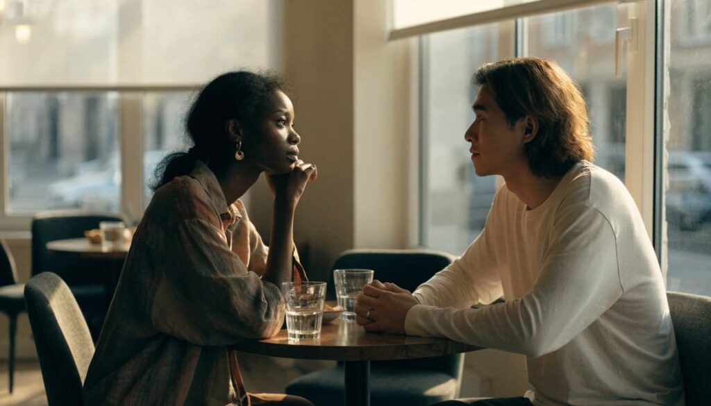 What Is a Situationship? Meaning, Signs, and How to Get Clarity 2 Two adults talk across a small table in a warmly lit café.