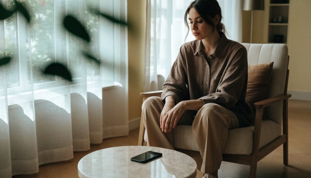 Anxious Attachment Style: Signs, Triggers, and How to Feel More Secure 3 Woman sitting in an armchair with a phone on a nearby table
