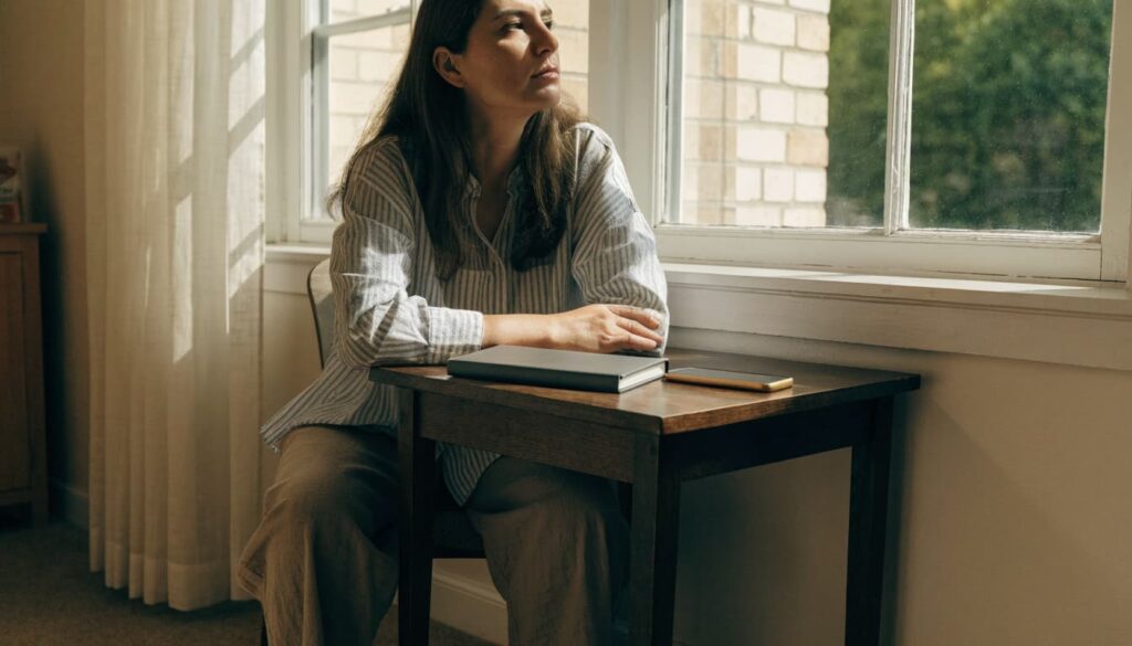 Romantic Obsession: Signs, Meaning, and How to Cope 2 Woman sitting by a window, reflecting beside a closed notebook
