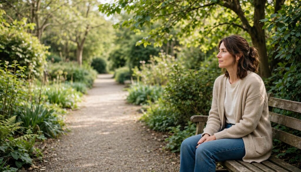 How to Get Over Being Cheated On After a Breakup 3 Woman sitting quietly on a bench beside a leafy garden path